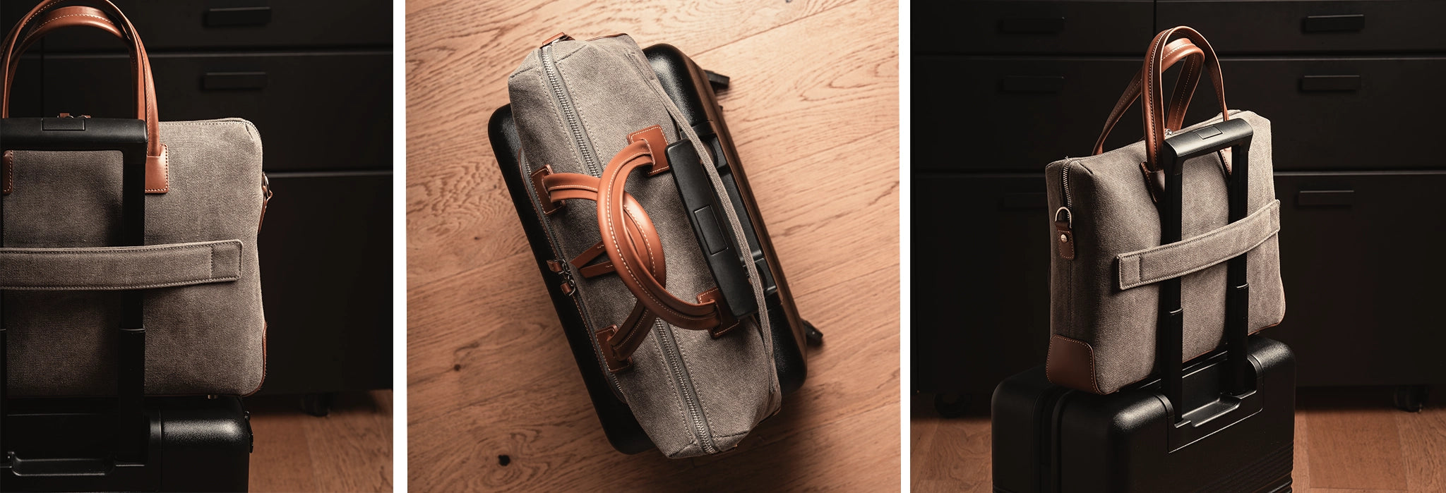 Porte documents en toile et cuir accroché à une valise